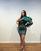 Designerin Kurzes Ein-Schulter Pailletten Langärmliges Enges Abendkleid