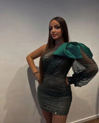 Designerin Kurzes Ein-Schulter Pailletten Langärmliges Enges Abendkleid