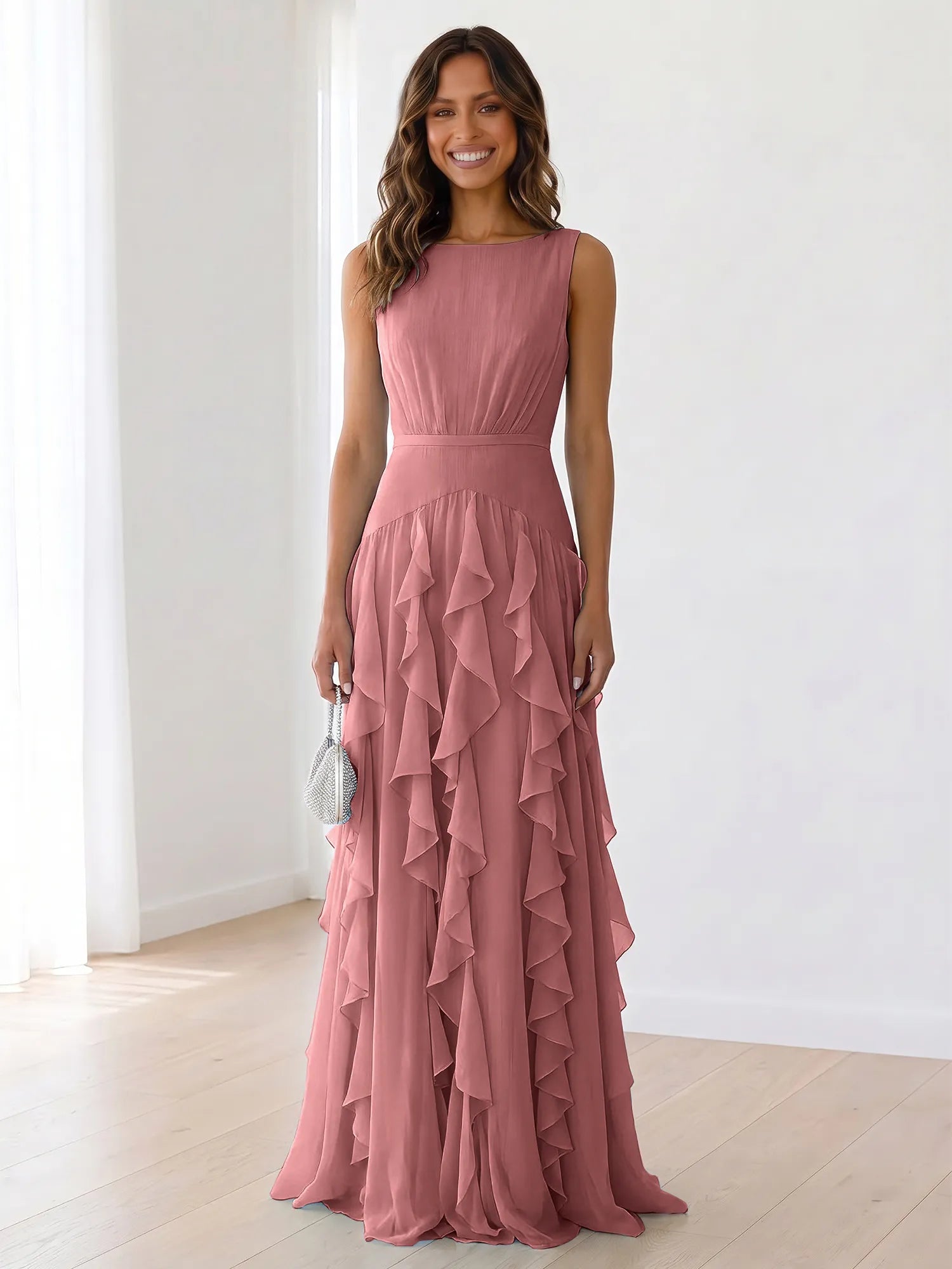 Sleeveless Tiered Chiffon Maxi Evening Gown with Ruched Bodice