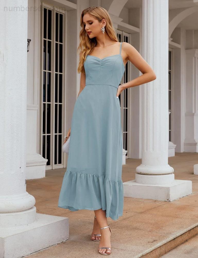 Numbersea Spaghetti-Träger Chiffon Brautjungfernkleid Knöchellänge Formell A-Linie Cocktail Party Homecoming-Kleid für Juniorinnen SEA28028