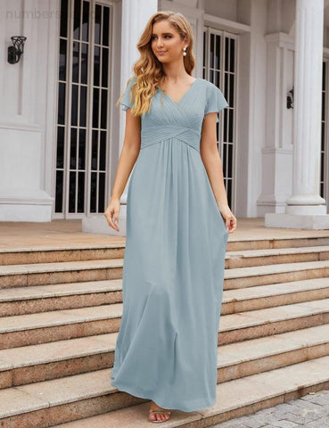 Numbersea Chiffon Bridesmaid Dress Cap Sleeves Maxi Prom Gowns Party Wedding Mother of The Bride Dresses for Women SEA28047