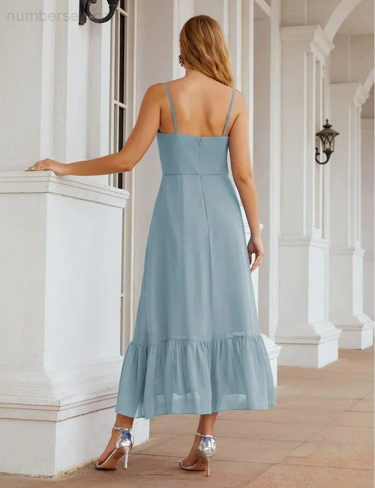Numbersea Spaghetti-Träger Chiffon Brautjungfernkleid Knöchellänge Formell A-Linie Cocktail Party Homecoming-Kleid für Juniorinnen SEA28028