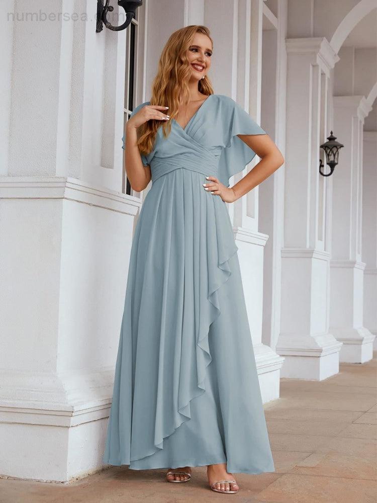 Numbersea Chiffon Bridesmaid Dresses Long Formal Evening Prom Mother of The Bride Dress with Flutter Sleeve     SEA28040