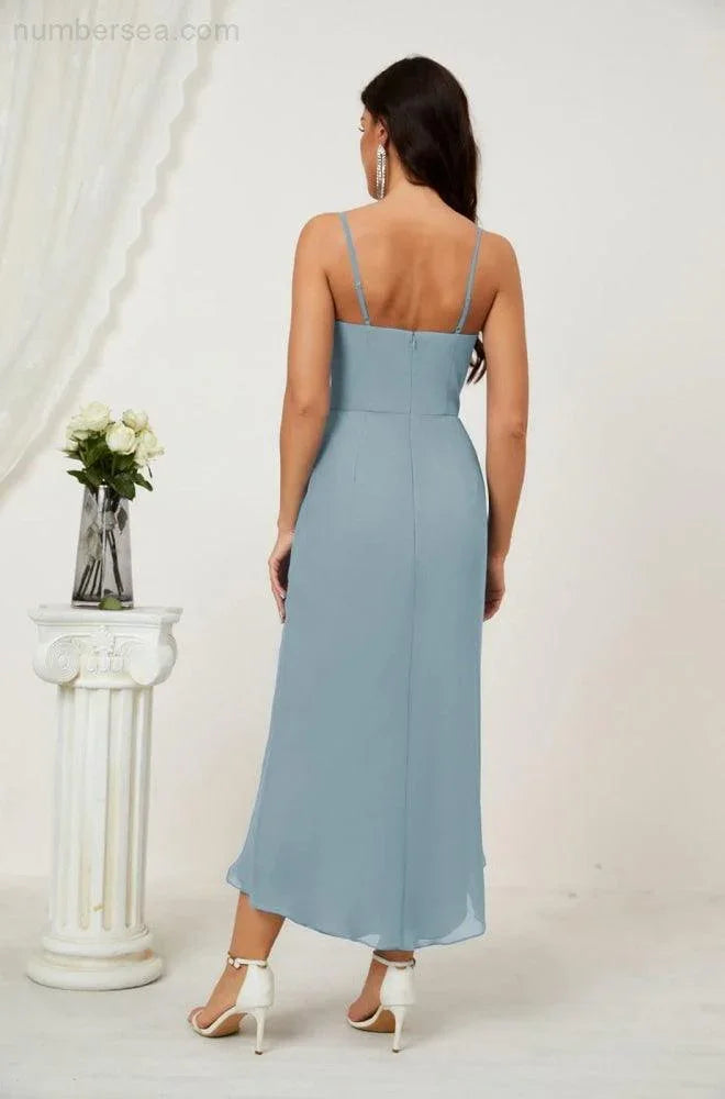 Vestido de Dama de Honor de Chifón Spaghetti con Escote en V y Abertura al Frente de Longitud Media para Fiesta Formal, Baile de Graduación y Regreso a Casa 2803
