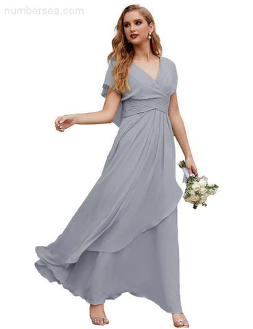 Numbersea Chiffon Bridesmaid Dresses Long Formal Evening Prom Mother of The Bride Dress with Flutter Sleeve     SEA28040