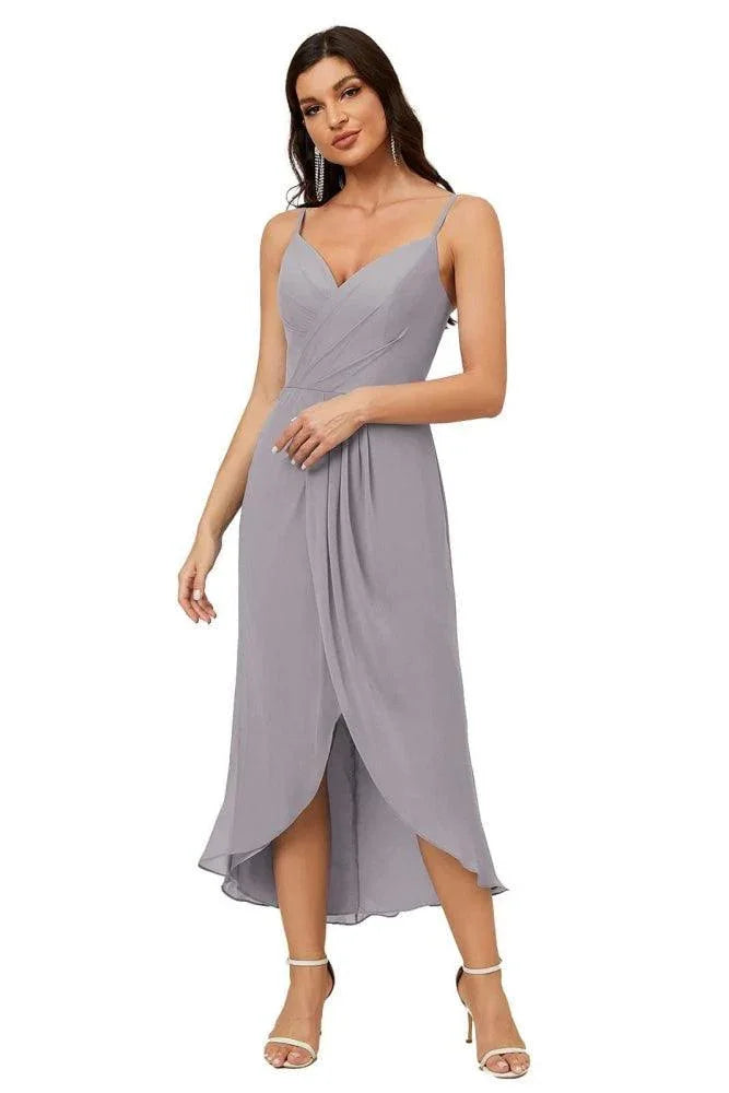 Numbersea Spaghetti-Träger Chiffon V-Ausschnitt Brautjungfernkleid Mittellanger Schlitz Formelles Abschlussballkleid Homecoming-Kleid 2803