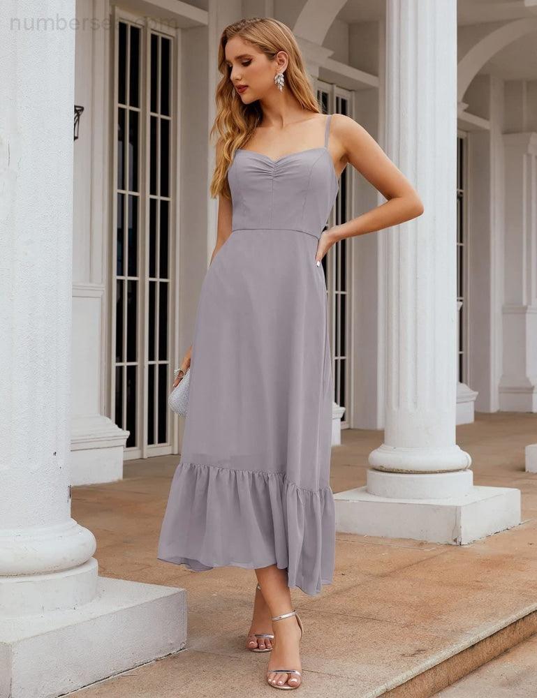 Numbersea Spaghetti-Träger Chiffon Brautjungfernkleid Knöchellänge Formell A-Linie Cocktail Party Homecoming-Kleid für Juniorinnen SEA28028