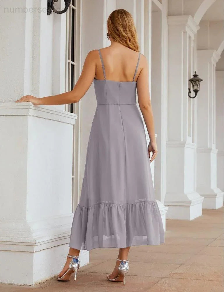 Numbersea Spaghetti-Träger Chiffon Brautjungfernkleid Knöchellänge Formell A-Linie Cocktail Party Homecoming-Kleid für Juniorinnen SEA28028