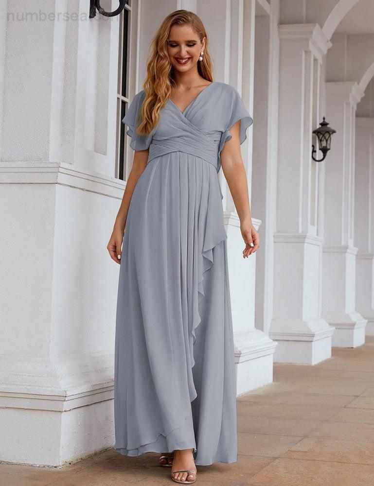 Numbersea Chiffon Bridesmaid Dresses Long Formal Evening Prom Mother of The Bride Dress with Flutter Sleeve     SEA28040