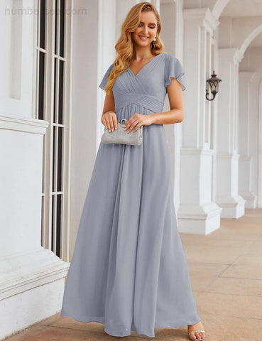 Numbersea Chiffon Bridesmaid Dress Cap Sleeves Maxi Prom Gowns Party Wedding Mother of The Bride Dresses for Women SEA28047