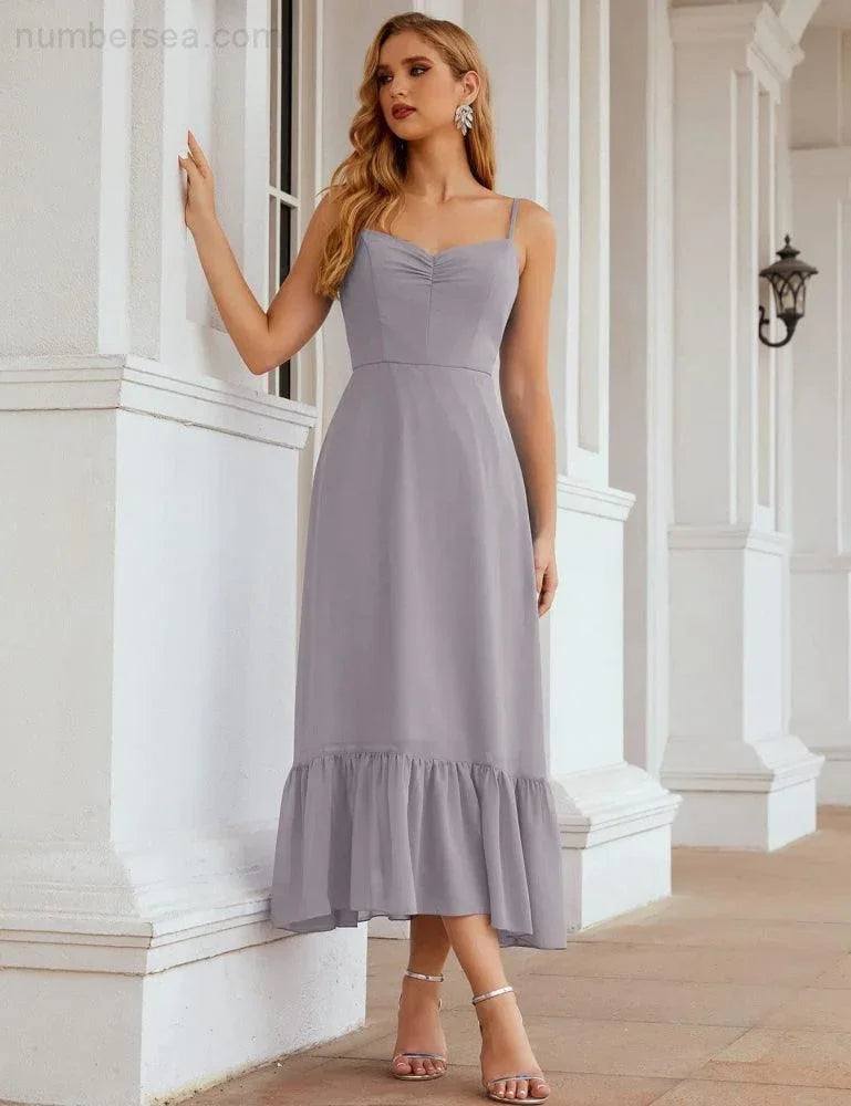 Numbersea Spaghetti-Träger Chiffon Brautjungfernkleid Knöchellänge Formell A-Linie Cocktail Party Homecoming-Kleid für Juniorinnen SEA28028