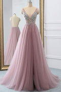 Staubiges rosa glitzerndes A-Linien-Tüll-Ballkleid mit V-Ausschnitt, lang, PG875