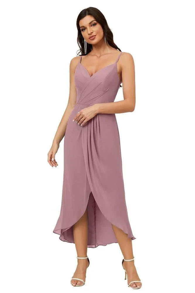 Numbersea Spaghetti-Träger Chiffon V-Ausschnitt Brautjungfernkleid Mittellanger Schlitz Formelles Abschlussballkleid Homecoming-Kleid 2803