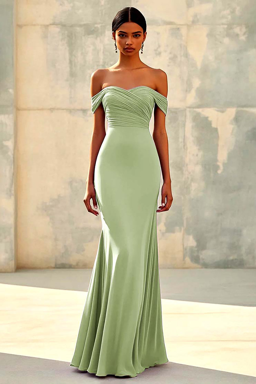 Vestido longo formal em chiffon com decote em V e decote em V, estilo sereia Dusty Sage