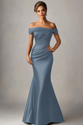 Peacock Blue Mermaid Off The Shoulder Ruched Satin Formal Dress