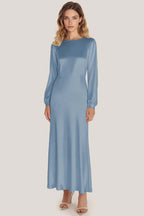 Ivory Satin Scoop Neck A-Line Ankle Length Formal Dress with Long Sleeves
