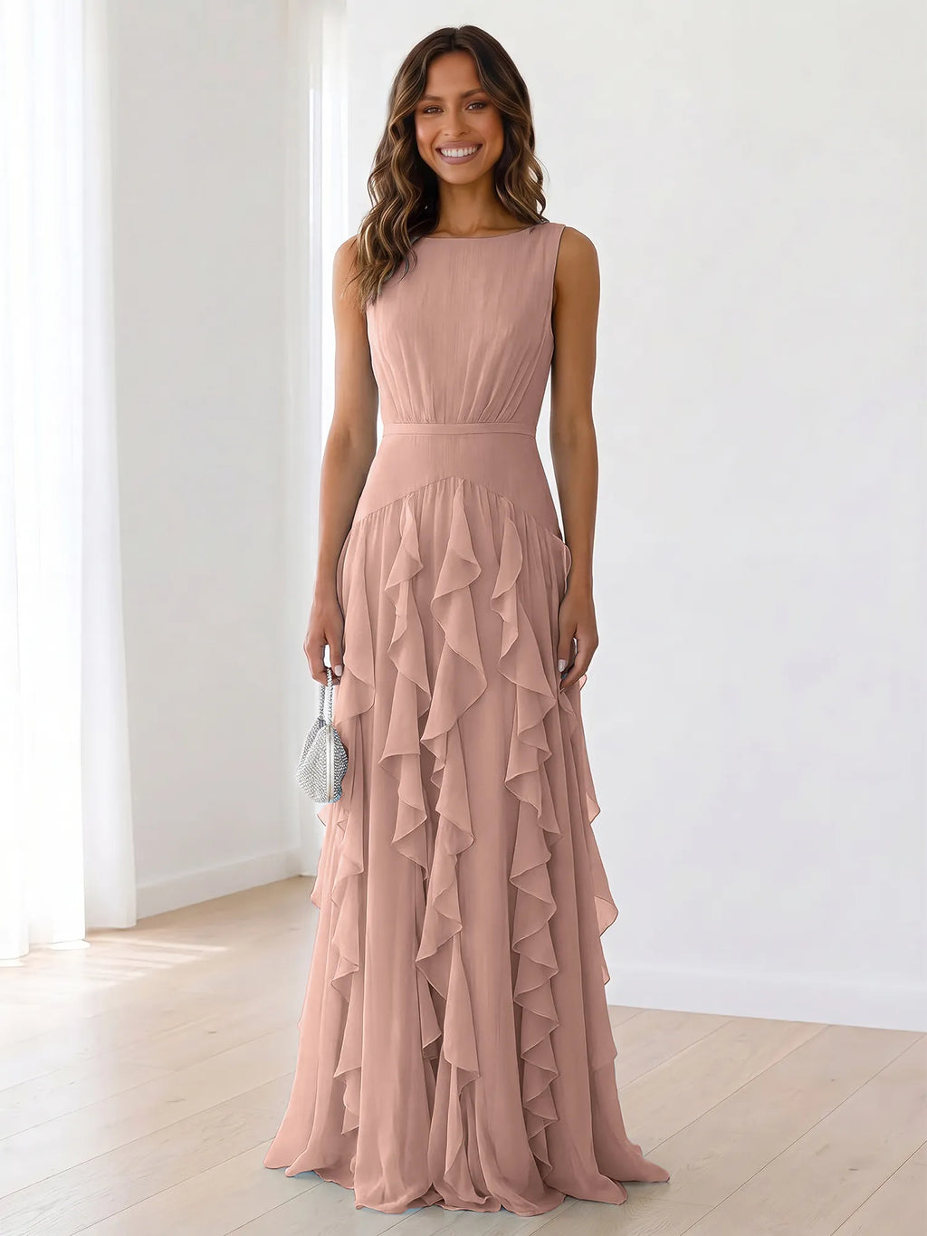 Sleeveless Tiered Chiffon Maxi Evening Gown with Ruched Bodice - Dusty Rose