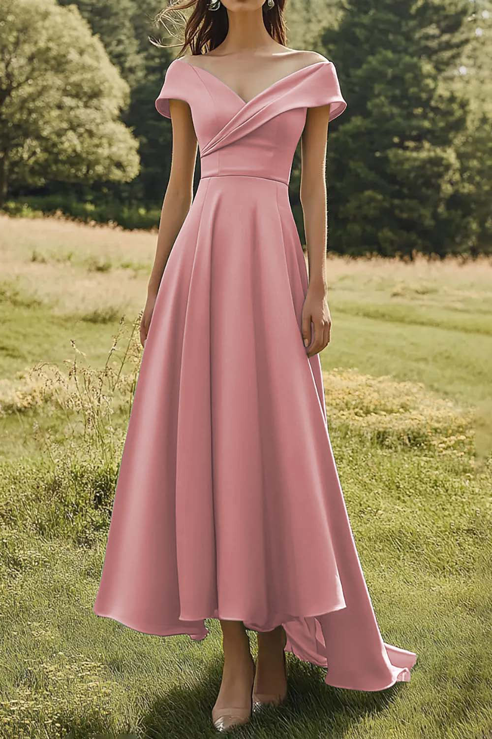 Salbeigrünes, schulterfreies, schmales Abendkleid mit breitem Saum