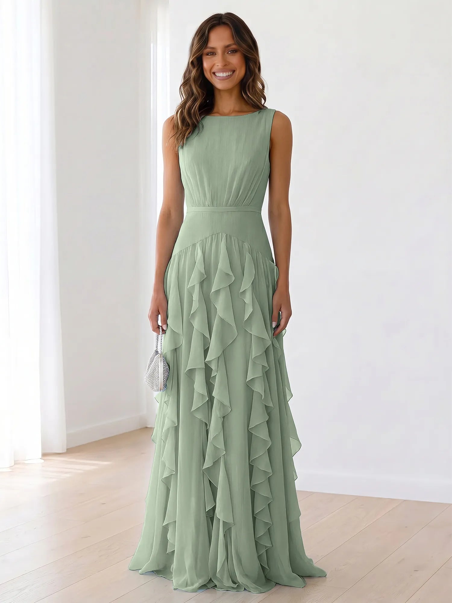 Sleeveless Tiered Chiffon Maxi Evening Gown with Ruched Bodice