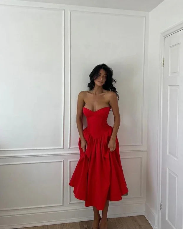 Encantador Vestido de Fiesta Rojo Sin Tirantes Plisado Línea A para Noche Y7763