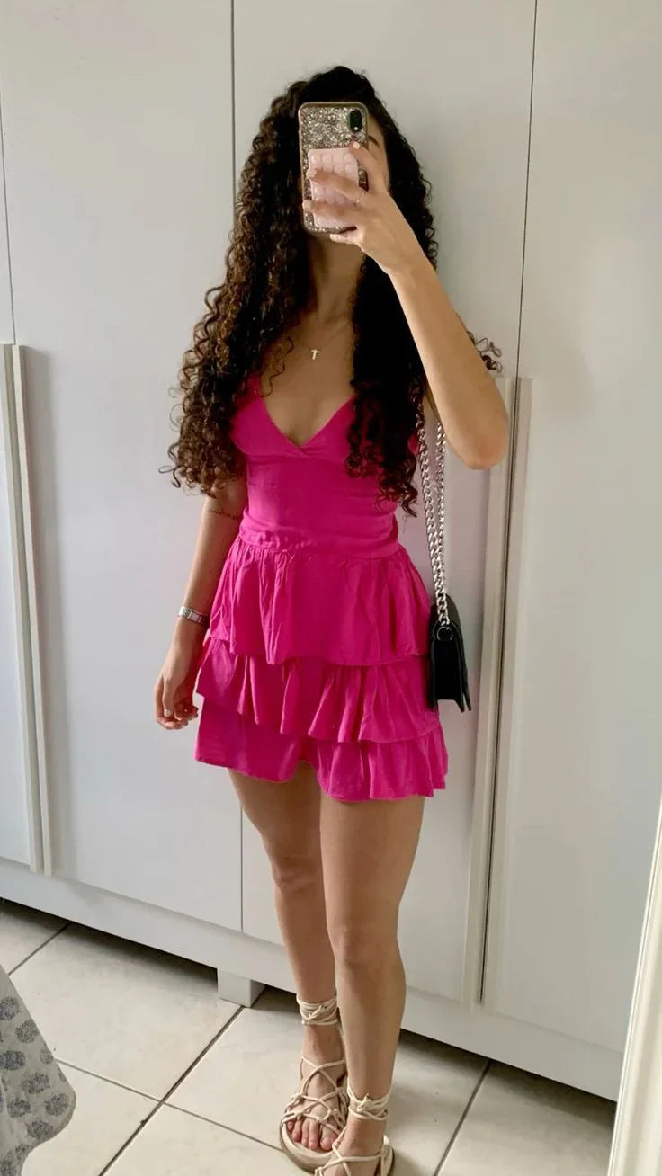 Sexy rosa Homecoming-Kleid mit V-Ausschnitt und Schichten Geburtstagskleid Y7762