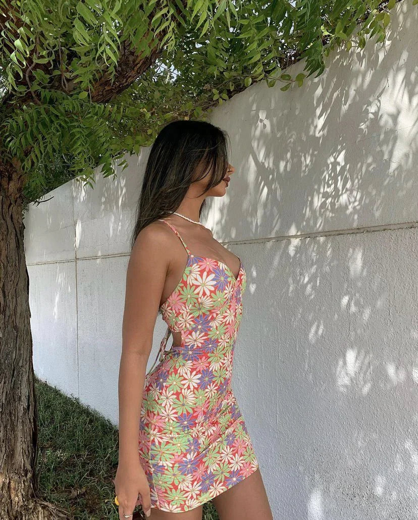 Blumenprint Spaghettiträger Mini-Homecoming-Kleid Y2688