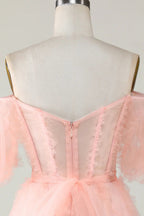 Blush Tüll Off-The-Shoulder kurzes Homecoming-Kleid Y2616