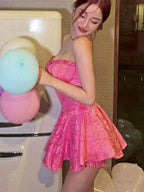 Robe de bal court sans bretelles rose doux ligne A Y7753