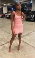 Rosa trägerloses Spaghettiträger-Kleid Verführerisches Rosa Abschlussballkleid Y835