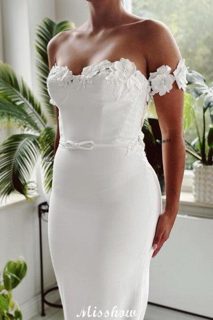 Elegant Lang Weiß Meerjungfrau Off-the-shoulder Spitzen Brautkleid mit Schleppe