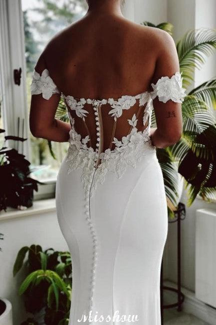 Elegant Lang Weiß Meerjungfrau Off-the-shoulder Spitzen Brautkleid mit Schleppe