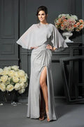 Kleider für die Brautmutter, elegant, A-Linie, Grau, ein Schulterträger, ärmellos, Perlen, Schlitz, Chiffon
