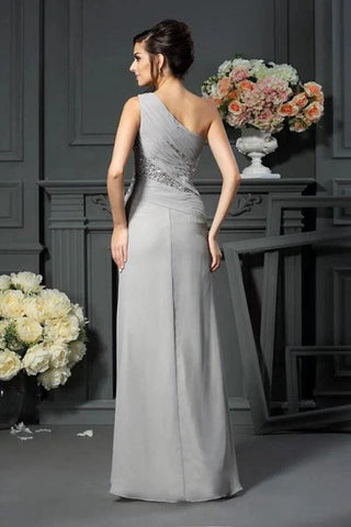 Kleider für die Brautmutter, elegant, A-Linie, Grau, ein Schulterträger, ärmellos, Perlen, Schlitz, Chiffon