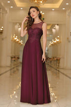 Elegant Chiffon Sleevless Evening Dress Scoop Neck Lace Apliques Bridesmaid Dress