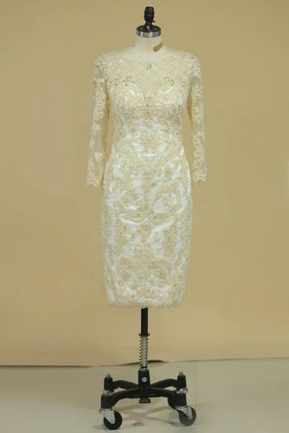 Kleid für die Brautmutter, elegant, Illusionsausschnitt, knielang, 3/4-Ärmel, Etuikleid, Säule mit Stickerei