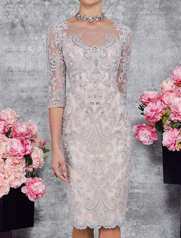 Kleid für die Brautmutter, elegant, Illusionsausschnitt, knielang, 3/4-Ärmel, Etuikleid, Säule mit Stickerei