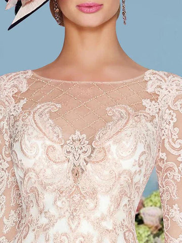 Kleid für die Brautmutter, elegant, Illusionsausschnitt, knielang, 3/4-Ärmel, Etuikleid, Säule mit Stickerei