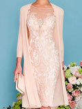 Abito da Sposa della Madre Elegante con Scollo Illusion Lunghezza al Ginocchio Manica 3/4 Tubino Colonna Ricamato