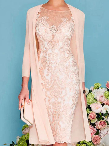 Kleid für die Brautmutter, elegant, Illusionsausschnitt, knielang, 3/4-Ärmel, Etuikleid, Säule mit Stickerei