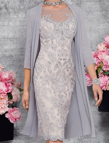 Kleid für die Brautmutter, elegant, Illusionsausschnitt, knielang, 3/4-Ärmel, Etuikleid, Säule mit Stickerei