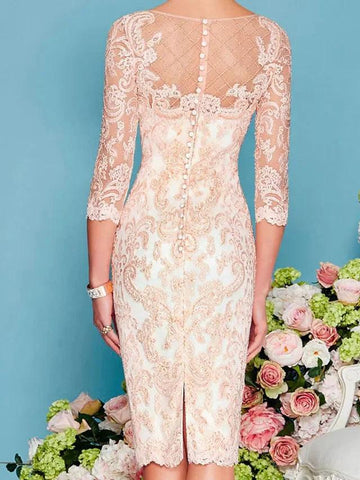 Kleid für die Brautmutter, elegant, Illusionsausschnitt, knielang, 3/4-Ärmel, Etuikleid, Säule mit Stickerei