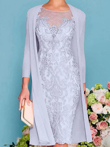 Kleid für die Brautmutter, elegant, Illusionsausschnitt, knielang, 3/4-Ärmel, Etuikleid, Säule mit Stickerei