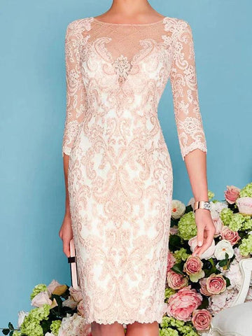 Kleid für die Brautmutter, elegant, Illusionsausschnitt, knielang, 3/4-Ärmel, Etuikleid, Säule mit Stickerei