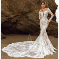 Robe de mariée élégante en dentelle à manches longues et décolleté profond en V pour femmes, robe de mariée de luxe avec traîne de chapelle, robe de soirée sirène pour cérémonie de mariage