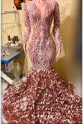 Robe de bal élégante longue sirène à encolure en V avec applications de dentelle et manches