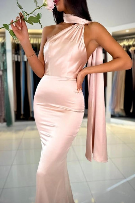 Elegante lange schlichte rosa Meerjungfrau-Promkleider aus Satin mit Ein-Schulter-Ausschnitt und trägerlos