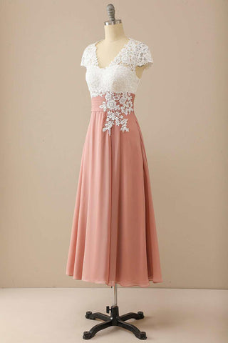 Kleid für die Brautmutter, elegant, V-Ausschnitt, Spitze und Chiffon, Flügelärmel