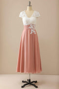 Abito da Sposa della Madre Elegante con Scollo a V, Pizzo e Manica a Palloncino in Chiffon