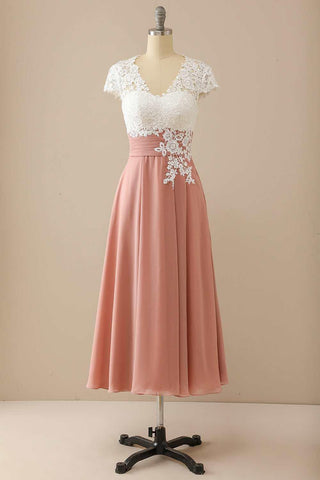 Kleid für die Brautmutter, elegant, V-Ausschnitt, Spitze und Chiffon, Flügelärmel