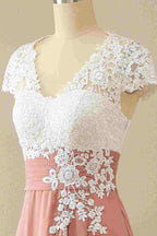 Mother of the Bride Dress Elegant V Neck Lace & Chiffon Cap Sleeve